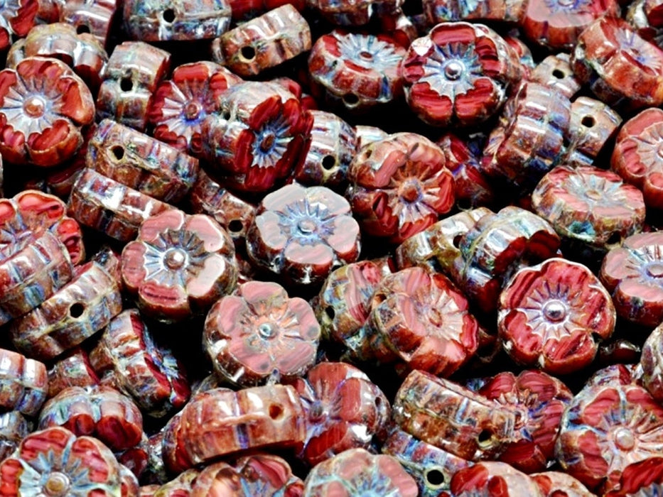 Hawaian Flowers Beads 8 mm, Opaque Ruby Tourmaline Travertine, Czech Glass