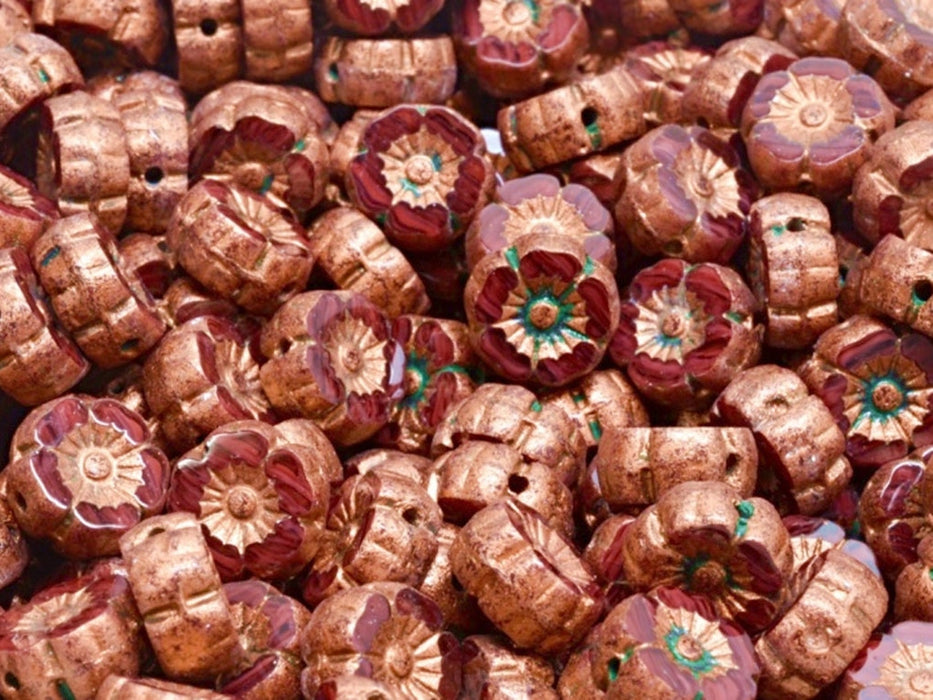 Hawaian Flowers Beads 8 mm, Opaque Ruby Tourmaline Antique Copper, Czech Glass