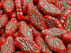 Arabesque Beads 19x9 mm, Coral Red with Green Streaks, Czech Glass