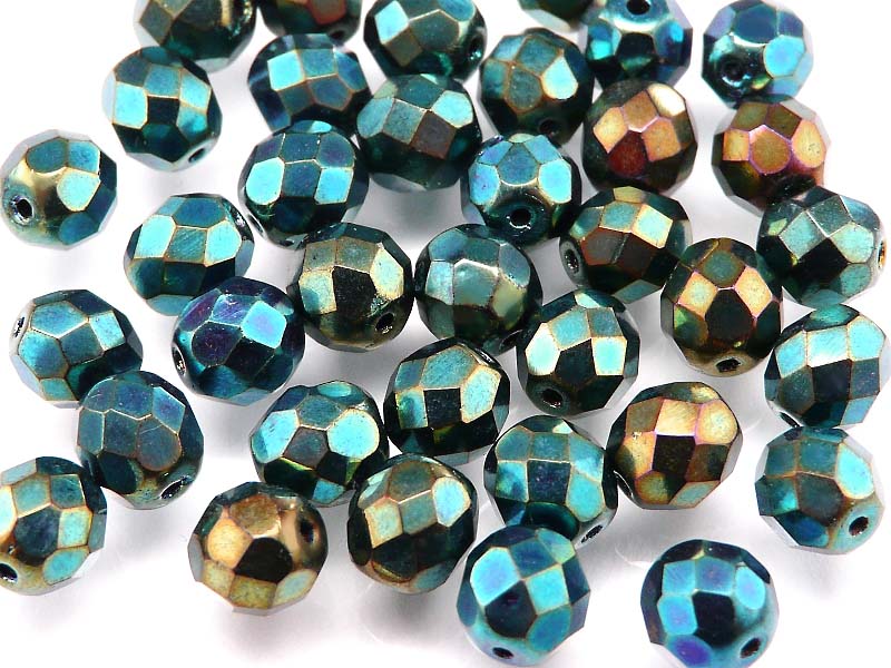 480 pcs Fire Polished Faceted Beads Round, 8mm, Jet Green Blue Iris, Czech Glass