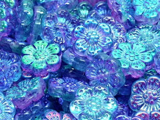 Boho Flower Beads 14 mm, Crystal Pink-Blue Two Tone Luster, Czech Glass