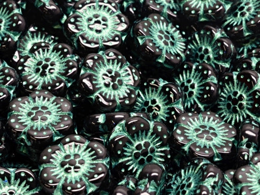 Boho Flower Beads 14 mm, Jet Black With Turquoise Green Decor, Czech Glass