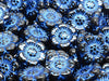 Boho Flower Beads 14 mm, Jet Black With Turquoise Blue Decor, Czech Glass