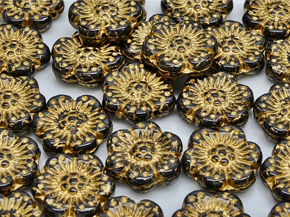 Boho Flower Beads 14 mm, Jet Black with Gold Decor, Czech Glass