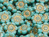 Boho Flower Beads 14 mm, Turquoise Green with Gold Decor, Czech Glass