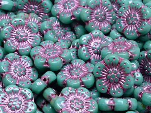 Boho Flower Beads 14 mm, Turquoise Green Travertine with Fuchsia Decor, Czech Glass