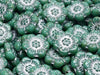 Boho Flower Beads 14 mm, Turquoise Green Travertine with Silver Decor, Czech Glass