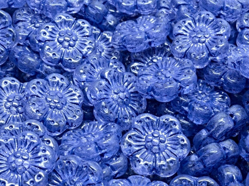 Boho Flower Beads 14 mm, Crystal Blue Tanzanite Luster, Czech Glass