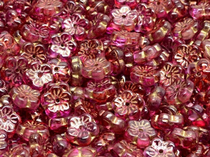 Cherry Flower Beads 8 mm, Crystal Red Pink Two Tone with Gold Decor, Czech Glass