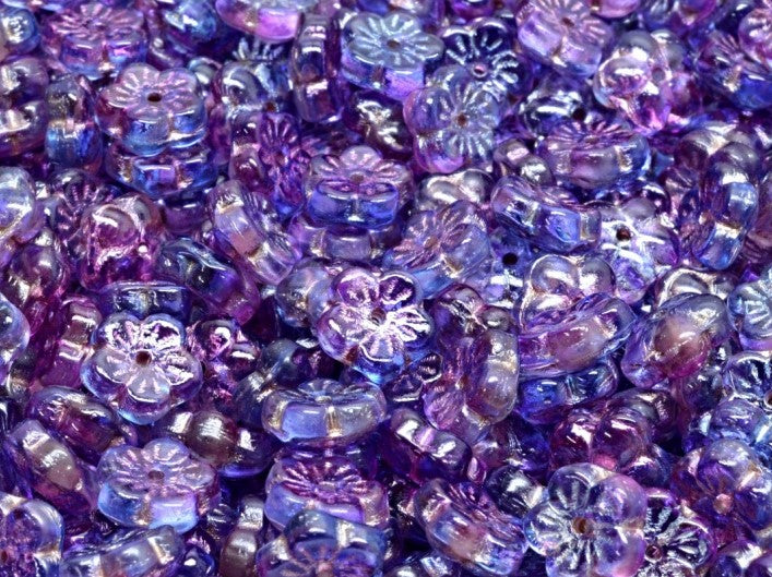 Cherry Flower Beads 8 mm, Crystal Aqua Blue Violet Two Tone Luster with Bronze Decor, Czech Glass