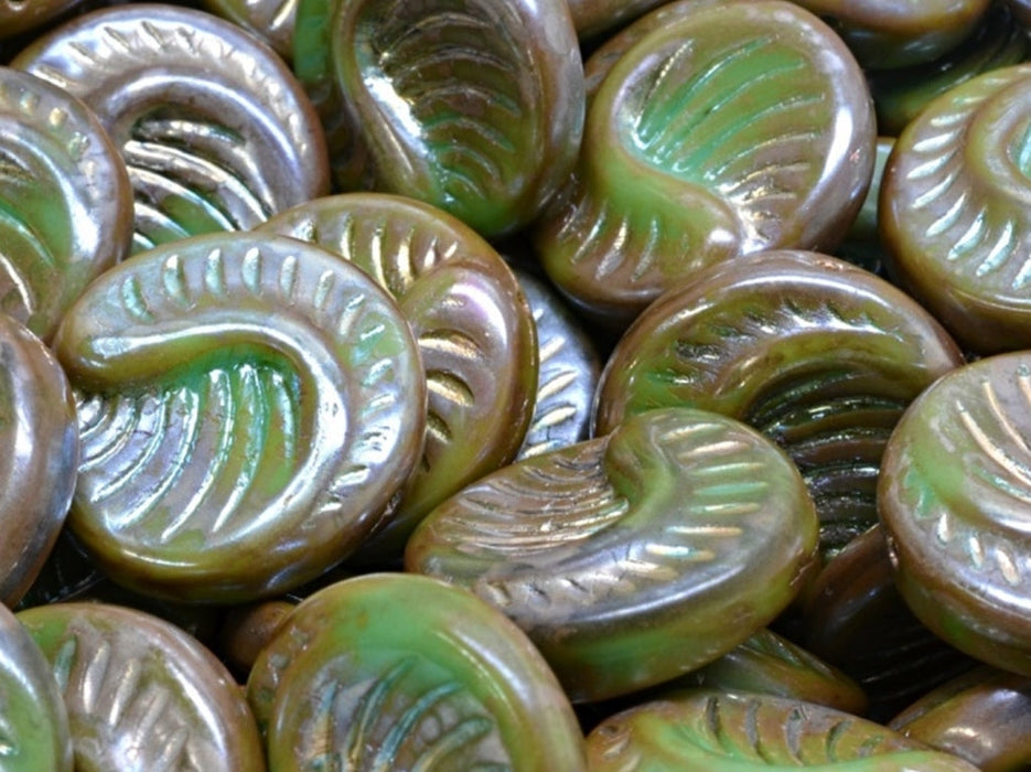 Fossil Coin Beads 19 mm, Opaque Turquoise Green Picasso, Czech Glass