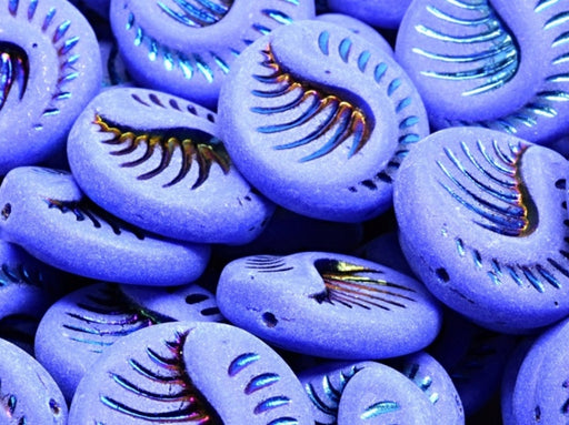 Fossil Coin Beads 19 mm, Opaque Blue Matte with Metallic Blue Pattern, Czech Glass
