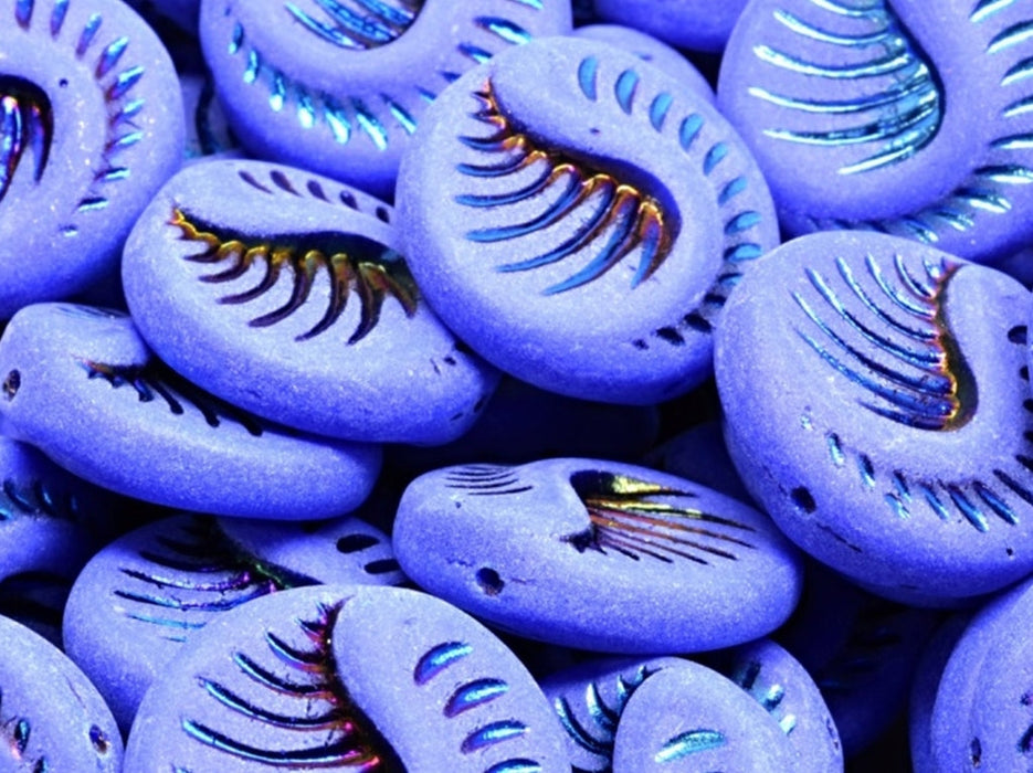 Fossil Coin Beads 19 mm, Opaque Blue Matte with Metallic Blue Pattern, Czech Glass