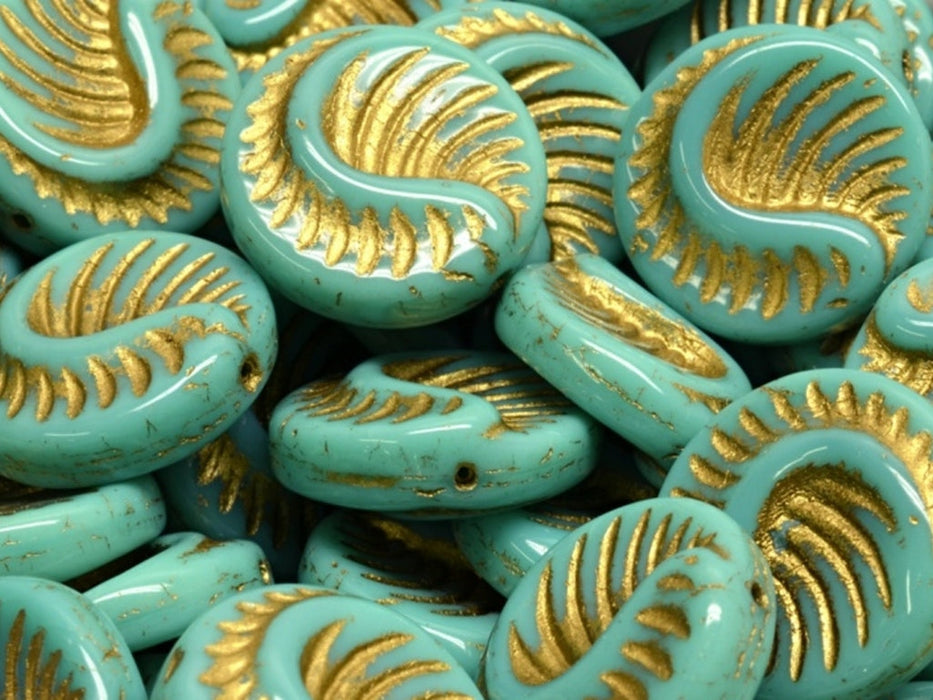 Fossil Coin Beads 19 mm, Opaque Turquoise Green with Gold Decor, Czech Glass