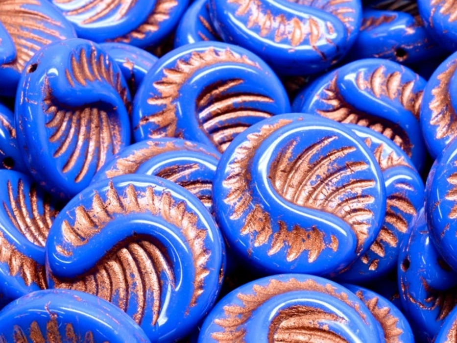 Fossil Coin Beads 19 mm, Opaque Royal Blue with Copper Decor, Czech Glass