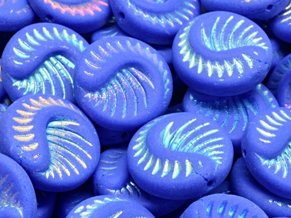 Fossil Coin Beads 19 mm, Opaque Royal Blue Decorated Full AB, Czech Glass