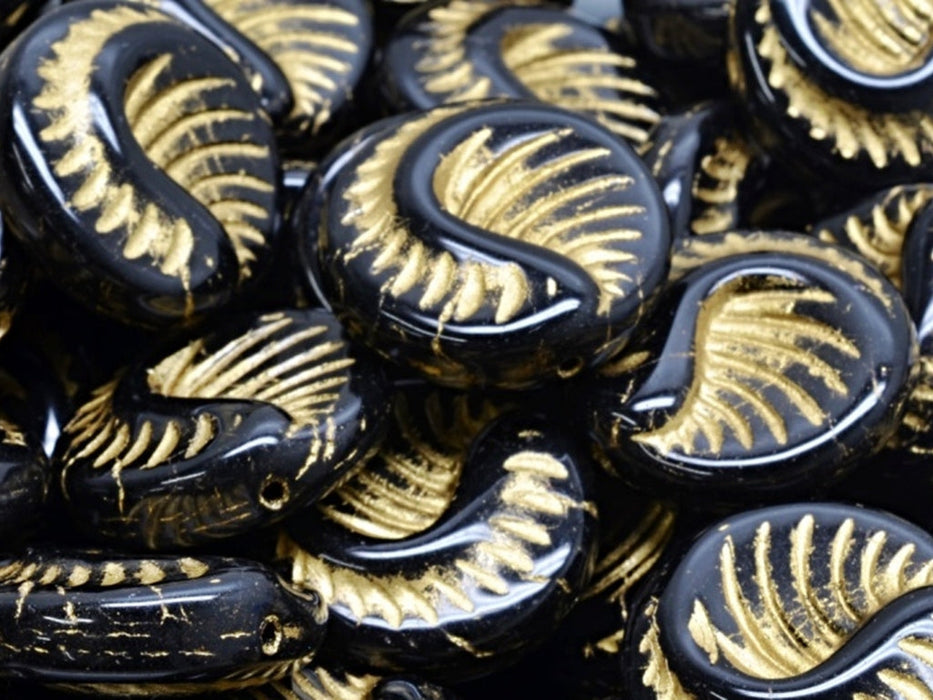 Fossil Coin Beads 19 mm, Jet Black with Gold Decor, Czech Glass