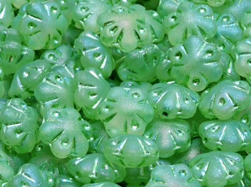 Folklore Flower Beads 11x11 mm, Crystal Matte Full AB with Green Decor, Czech Glass