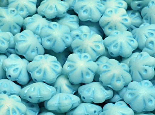 Folklore Flower Beads 11x11 mm, White Alabaster Matte Full AB with Blue Decor, Czech Glass