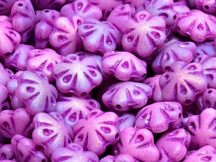 Folklore Flower Beads 11x11 mm, White Alabaster Matte Full AB with Violet Streaks, Czech Glass