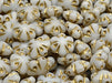 Folklore Flower Beads 11x11 mm, White Alabaster Matte with Gold Decor, Czech Glass