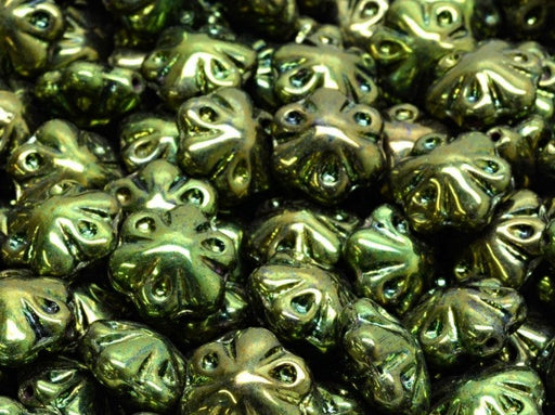 Folklore Flower Beads 11x11 mm, Jet Green Metallic, Czech Glass