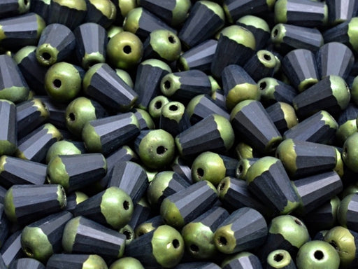 Firepolished Drop Beads 8x6 mm, Jet Black With Dark Green Edging, Czech Glass
