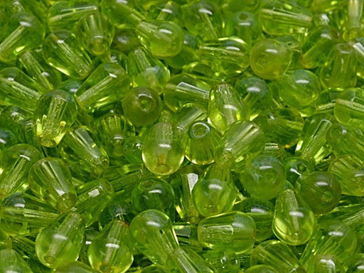 Firepolished Drop Beads 8x6 mm, Peridot Green With Dark Travertine Edging, Czech Glass