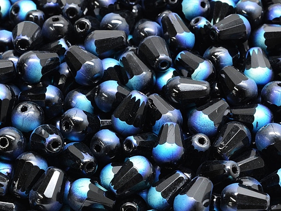 Firepolished Drop Beads 8x6 mm, Jet Black With Full AB Edging, Czech Glass