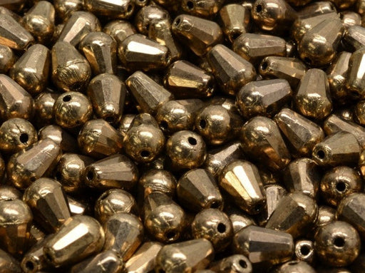 Firepolished Drop Beads 8x6 mm, Jet Black Dark Gold Metallic, Czech Glass