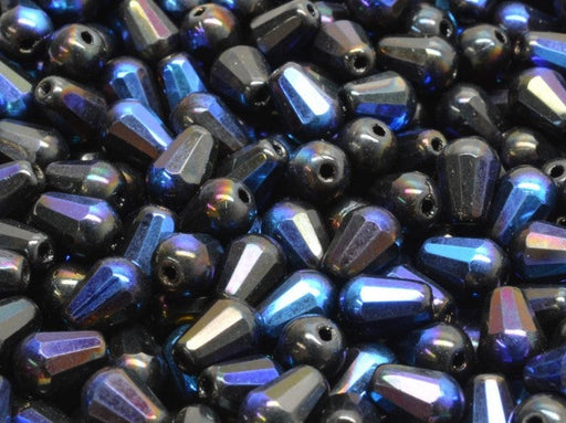 Firepolished Drop Beads 8x6 mm, Jet Full Azuro, Czech Glass