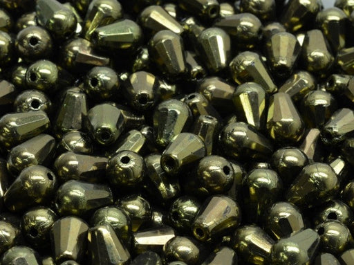 Firepolished Drop Beads 8x6 mm, Jet Green Metallic, Czech Glass