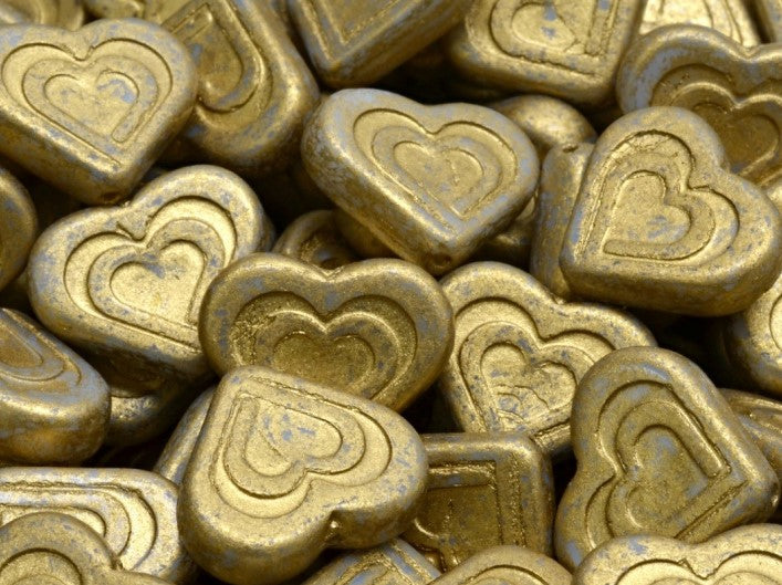 Heart In Heart Beads 14x16 mm, Alabaster Gold Patina, Czech Glass