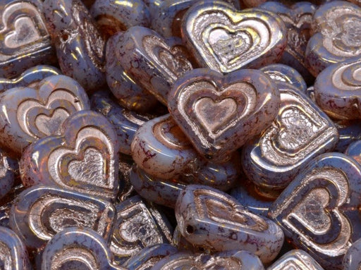 Heart In Heart Beads 14x16 mm, Rosaline Opal Terracotta Purple with Bronze Decor, Czech Glass