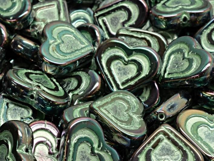 Heart In Heart Beads 14x16 mm, Jet Full Apricot Medium With Green Decor, Czech Glass