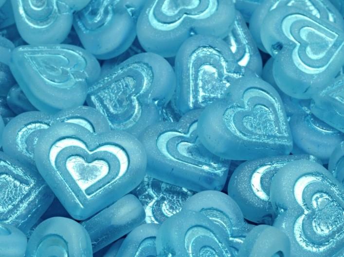 Heart In Heart Beads 14x16 mm, Light Aqua Moonlight Matte Metallic Turquoise Decor, Czech Glass