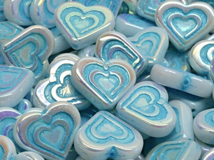 Heart In Heart Beads 14x16 mm, Alabaster Full AB with Blue Decor, Czech Glass
