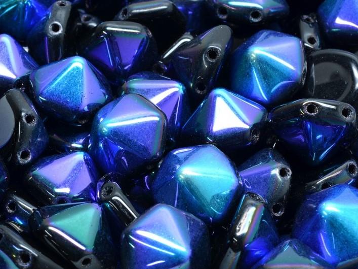 Hexagon Pyramid Beads 12x12 mm, 2 Holes, Jet Black AB, Czech Glass