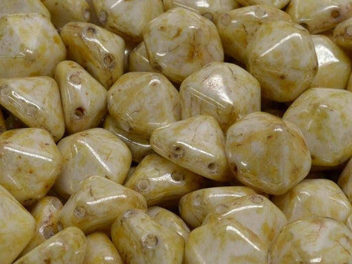 Hexagon Pyramid Beads 12x12 mm, 2 Holes, Alabaster White Drizzled Honey Luster, Czech Glass