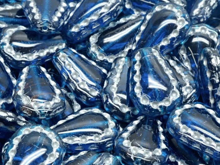 Lacy Tear Beads 17x12 mm, Dark Aquamarine with Silver Decor, Czech Glass