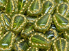 Lacy Tear Beads 17x12 mm, Light Olivine Transparent with Gold Decor, Czech Glass