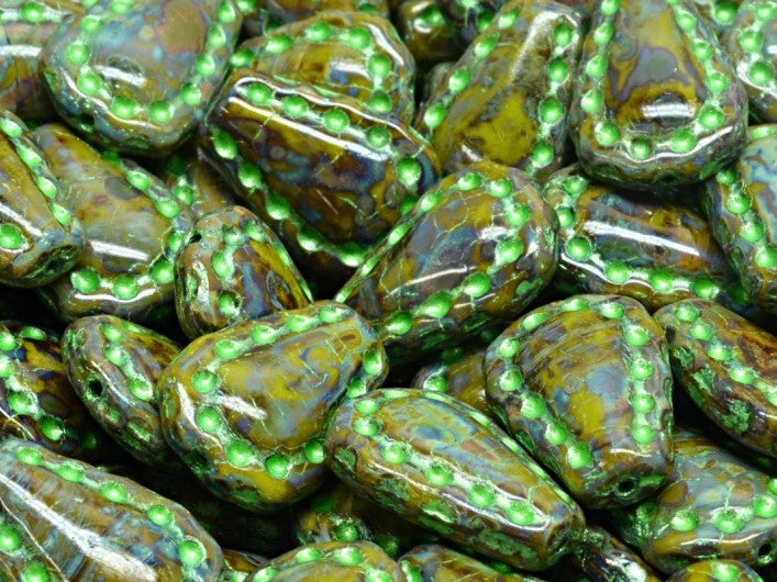 Lacy Tear Beads 17x12 mm, Opaque Olive Green Travertine 43813, Czech Glass