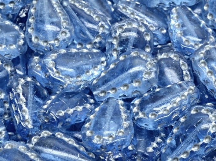 Lacy Tear Beads 17x12 mm, Light Sapphire with Silver Decor, Czech Glass