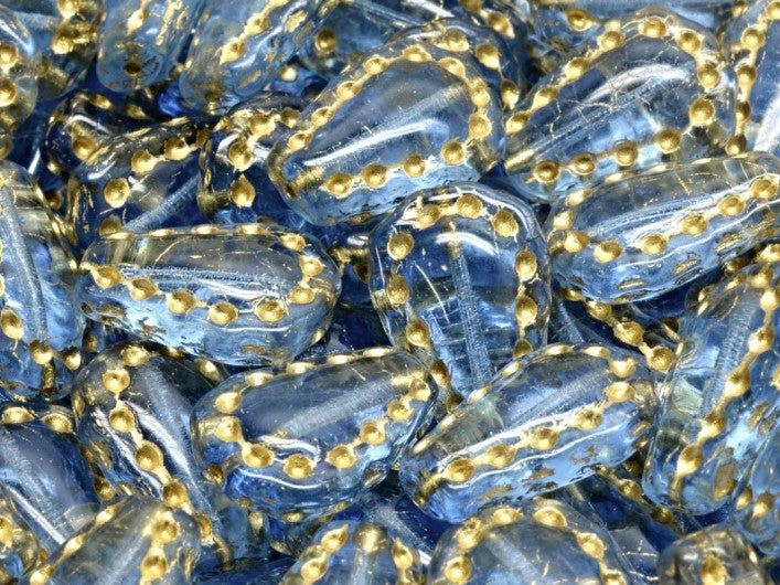 Lacy Tear Beads 17x12 mm, Light Sapphire with Gold Decor, Czech Glass