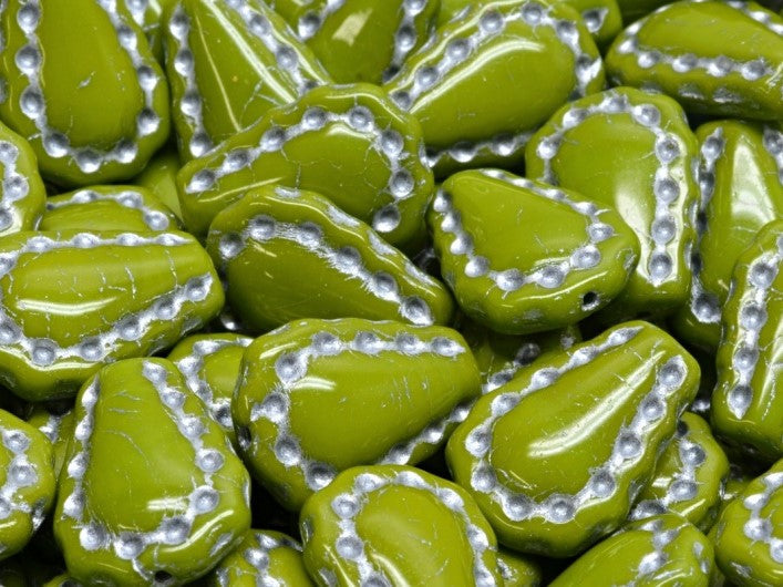 Lacy Tear Beads 17x12 mm, Opaque Olive Green with Silver Decor, Czech Glass