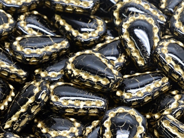Lacy Tear Beads 17x12 mm, Jet Black with Gold Decor, Czech Glass