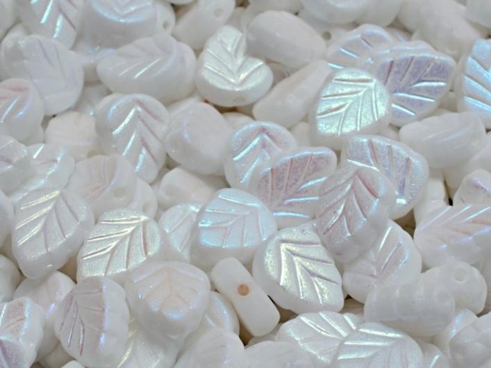 Mint Leaf Beads 10x8 mm, Alabaster Matte Full AB, Czech Glass