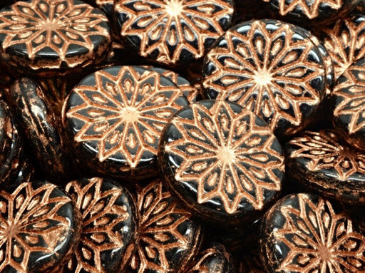 Origami Flower Beads 18 mm, Jet Black with Bronze Fired Decor, Czech Glass