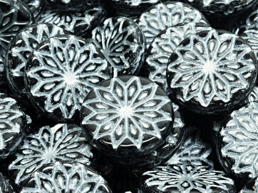 Origami Flower Beads 18 mm, Jet Black with Silver Decor, Czech Glass