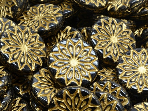 Origami Flower Beads 18 mm, Jet Black with Gold Decor, Czech Glass
